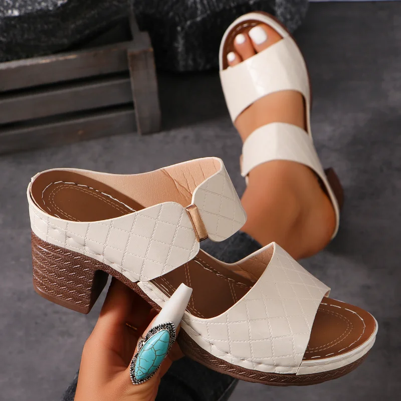 Color: green, Shoe Size: 42 - Women Summer Lightweight Hollow Sandals High Heels New Dress Chunky Open Toe Slippers Female 2024 Casual Slingback Slides Shoes