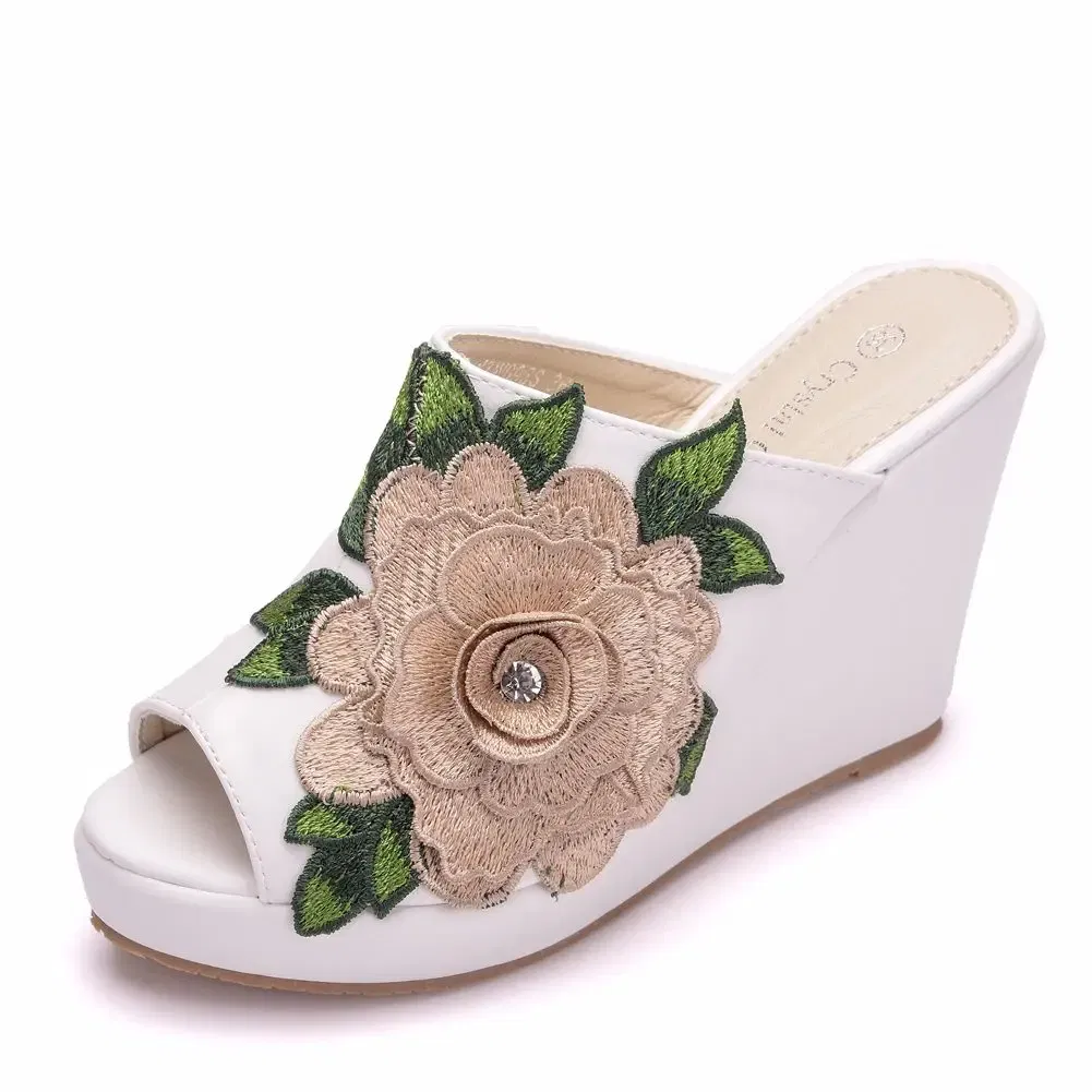 Color: Beige, Shoe Size: 38 - Crystal Queen Black White Peep Toe Platform Wedges High Heels Slippers Beach Sandals Women Lace Flower