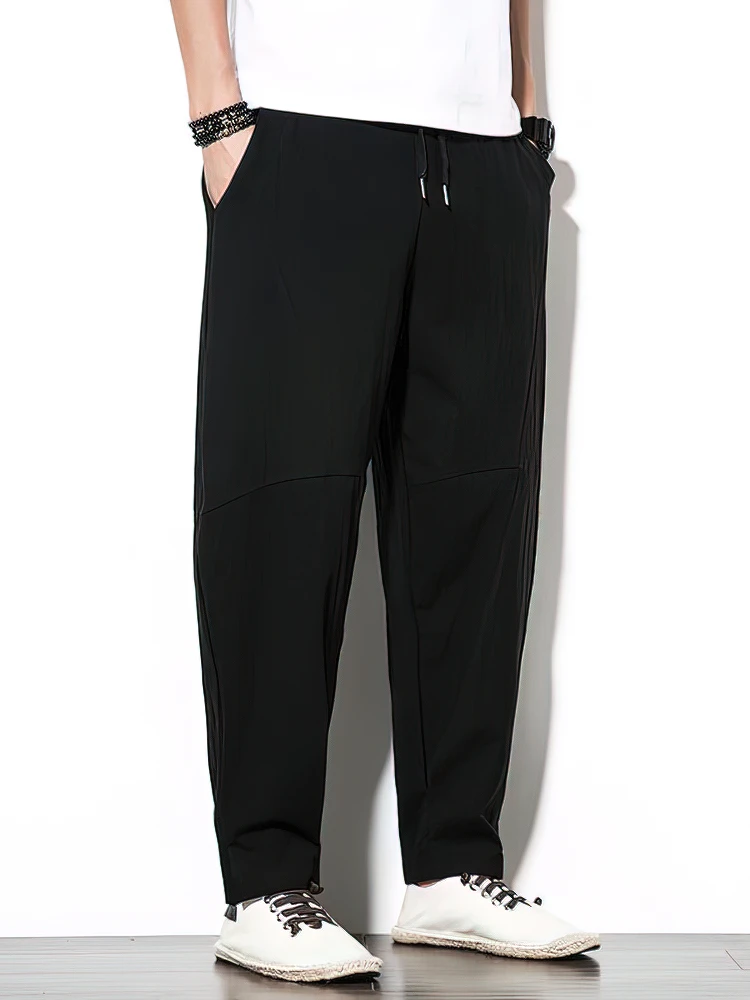 Color: dark blue, Size: 4XL - 100% Cotton Linen Pants Men Baggy Casual Trousers Male Walking Wide leg Loose Sweatpants Chinese Summer Jogger Pants 2025 New
