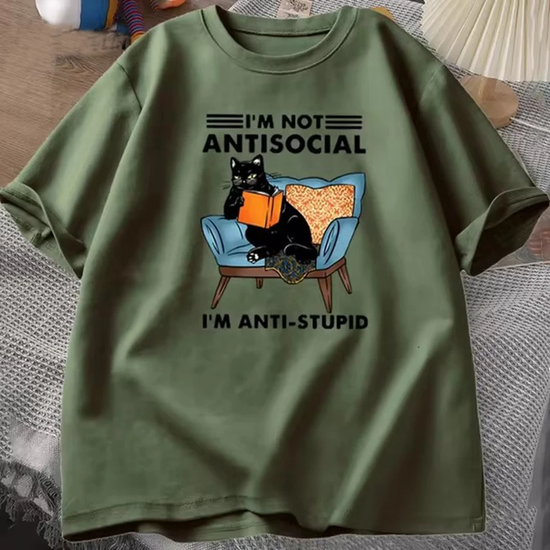 Color: Brown, Size: L - funny cat reading book T-Shirts Graphic Tees Cotton Mens Clothing O Neck Meme Short Sleeve Tees Harajuku Fashion Womens Oversize