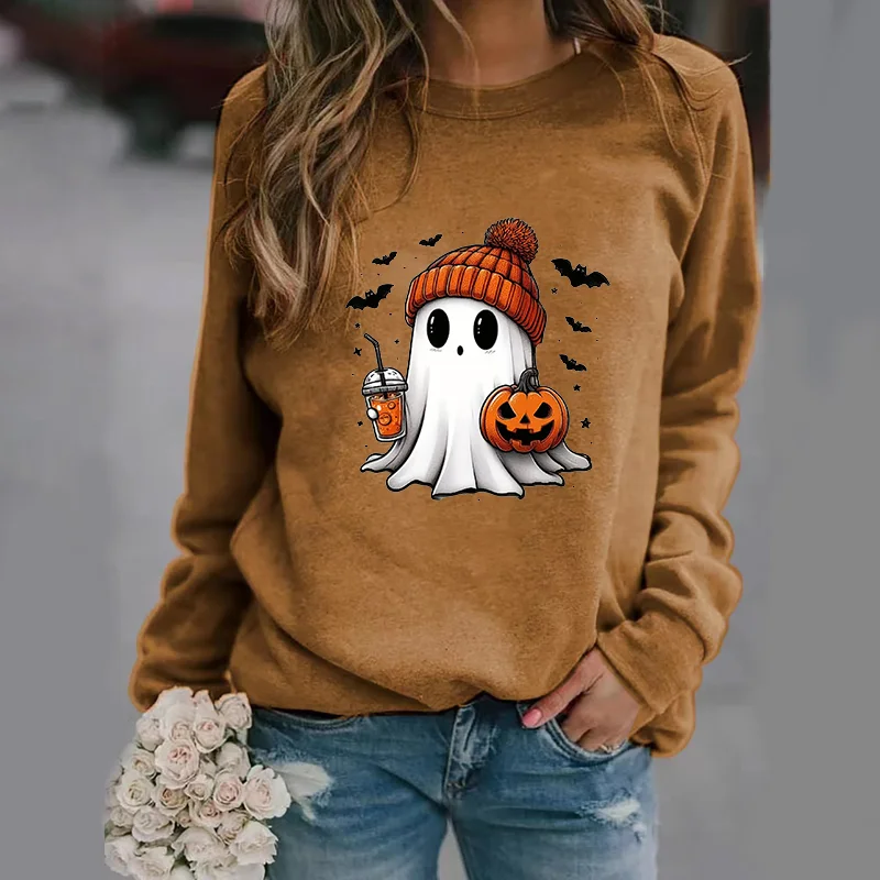 Color: Dark Brown, Size: XL - Cute Ghost Pattern Sweater Women's Casual Halloween Ghost Harajuku Pullover Fall Women's Tops