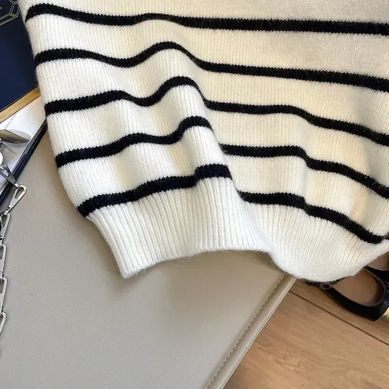 Color: WHITE, Size: One Size - Retro lapel zipper stripe knitted waistcoat women Autumn Winter Korean fashion sleeveless sweaters casual simple pullover vest