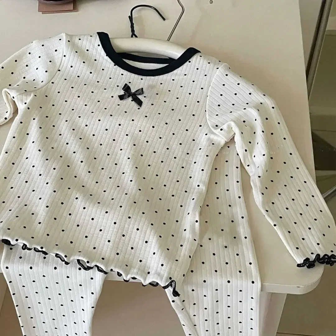 Color: Beige, Kid Size: 3T - Korean Girls' Loungewear Set - Dot Bow Pajamas & Soft Cotton Homewear | Fall Toddler Outfit Toddler Girl Clothes