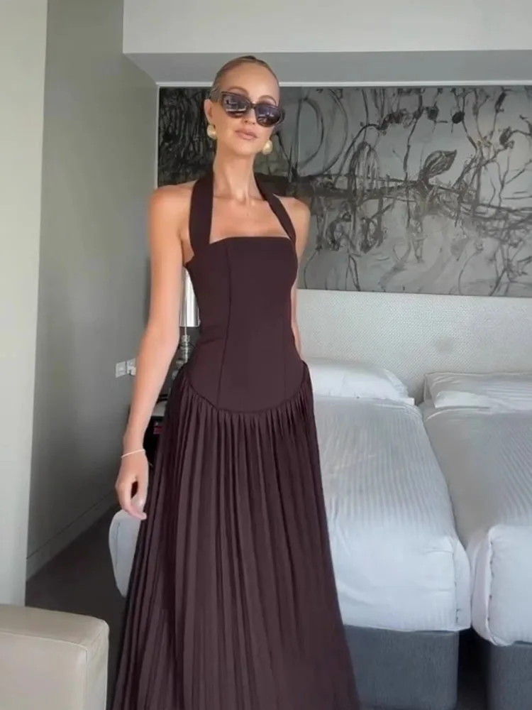 Color: WHITE, Size: M, Ships From: CHINA - 2025 Summer Women Off Shoulder Backless Maxi Dress Sexy Halter Neck Slim Waist Ruffle Hem Long Dress
