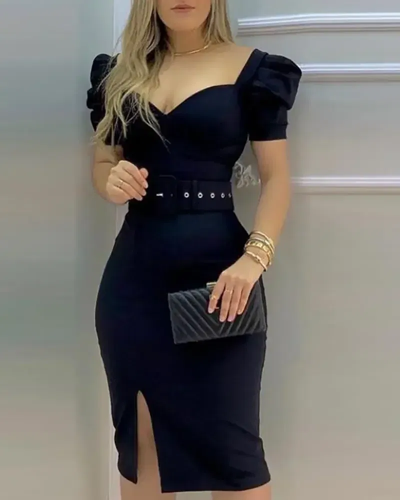 Color: PURPLE, Size: L - Sexy Wrap Buttocks Dress Women Square Collar Puff Sleeve Dresses Basics Spliced Knee Length Slim Fit Sheath Sashes Solid
