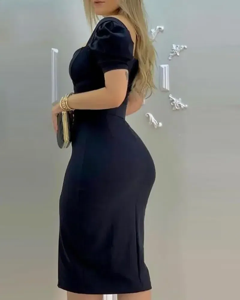 Color: PURPLE, Size: L - Sexy Wrap Buttocks Dress Women Square Collar Puff Sleeve Dresses Basics Spliced Knee Length Slim Fit Sheath Sashes Solid