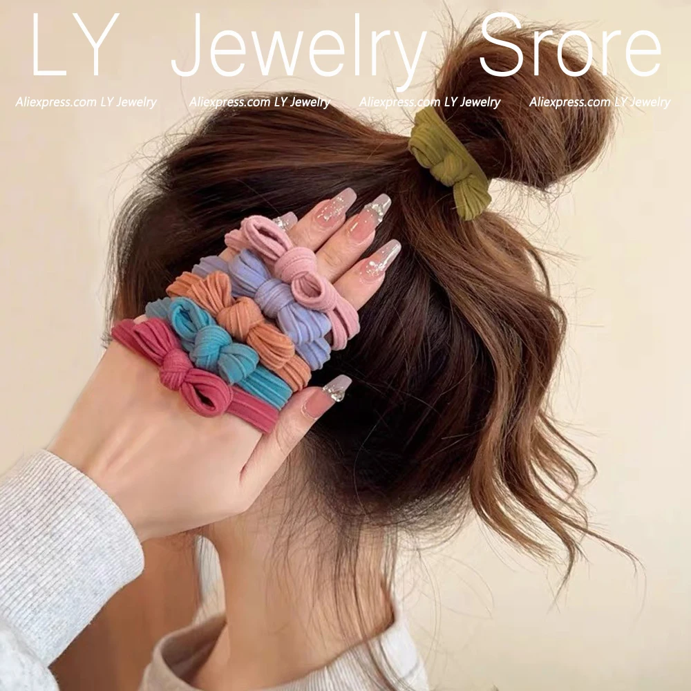 Color: Pink - 5pcs/Set Candy Color Bow Hair Rope High Elastic Seamless Rubber Band For Women Girls Ponytail Holder Summer BB Hair Ties Ring