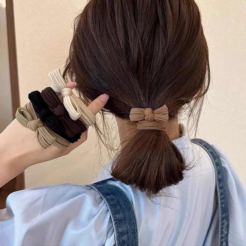Color: Pink - 5pcs/Set Candy Color Bow Hair Rope High Elastic Seamless Rubber Band For Women Girls Ponytail Holder Summer BB Hair Ties Ring