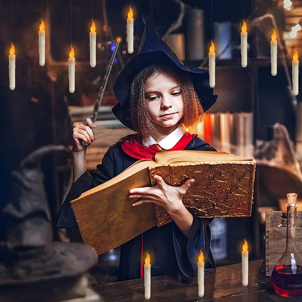 Emitting Color: RGB - Halloween LED Floating Candles Magic Wand Remote Hanging Operated Potter Harries Battery Floating Candles Warm Light Decoration