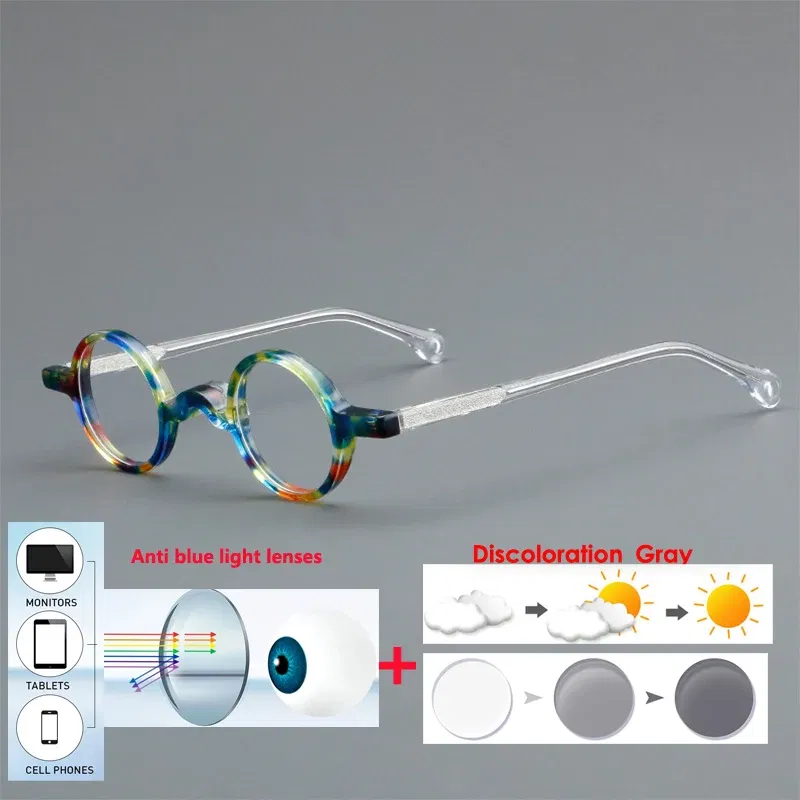 Frame Color: Milky White, Eye Prescription: +400 - VCKA Photochromic Acetate Myopia Glasses Men Retro Small Round Frames Women Custom prescription Anti-Blue  Eyewear -0.5 TO -10