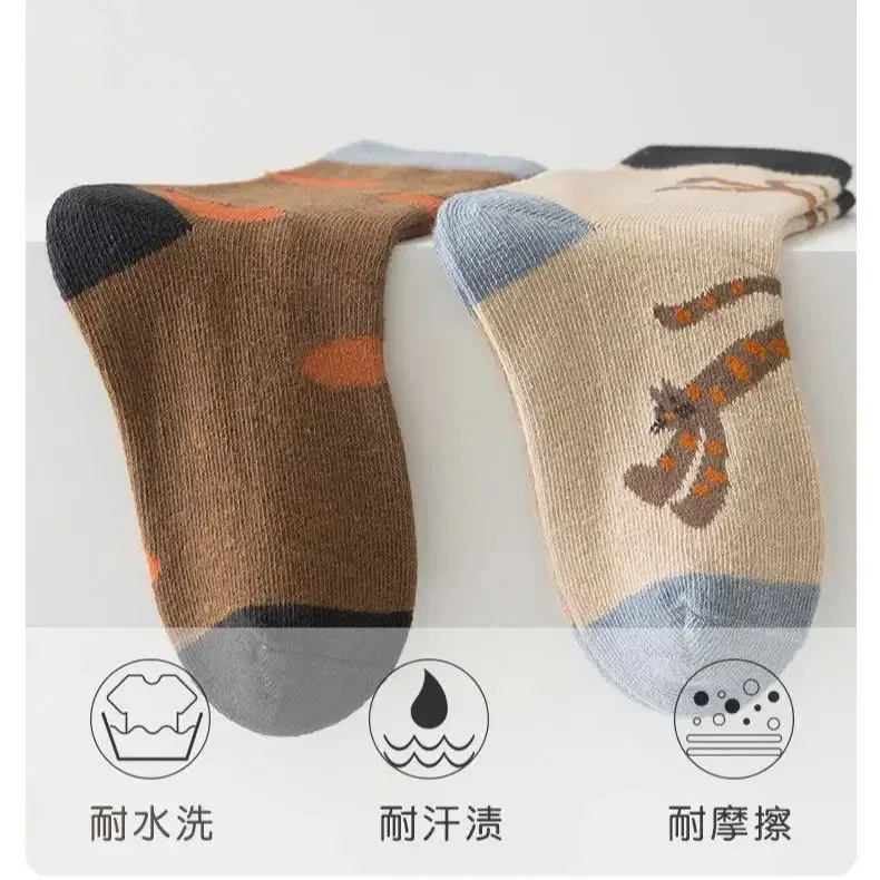 Color: Beige, Size: 4-6T - 5 Pairs Children's Socks Cotton Socks Autumn Cartoon Pattern Medium Socks Kids Boys Girls A ClassSocks