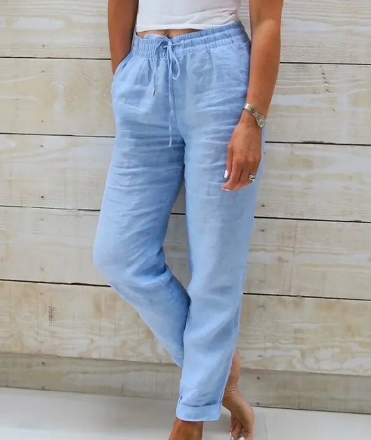 Color: black, Size: S - Cotton Linen Summer Pants for Women High Waist Elastic Casual Trousers Streetwear Solid Female Clothes 2024 Loose Pencil Pants