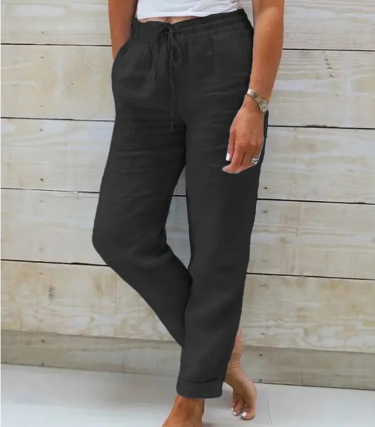 Color: black, Size: S - Cotton Linen Summer Pants for Women High Waist Elastic Casual Trousers Streetwear Solid Female Clothes 2024 Loose Pencil Pants