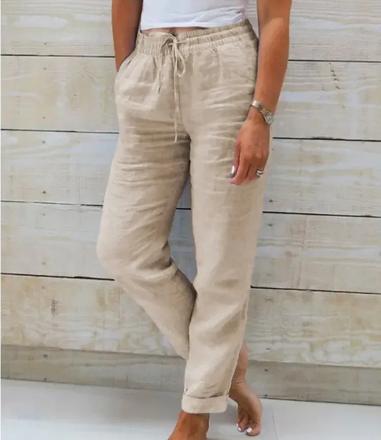 Color: black, Size: S - Cotton Linen Summer Pants for Women High Waist Elastic Casual Trousers Streetwear Solid Female Clothes 2024 Loose Pencil Pants