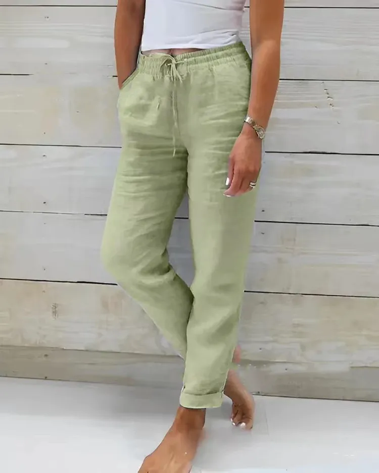 Color: black, Size: S - Cotton Linen Summer Pants for Women High Waist Elastic Casual Trousers Streetwear Solid Female Clothes 2024 Loose Pencil Pants