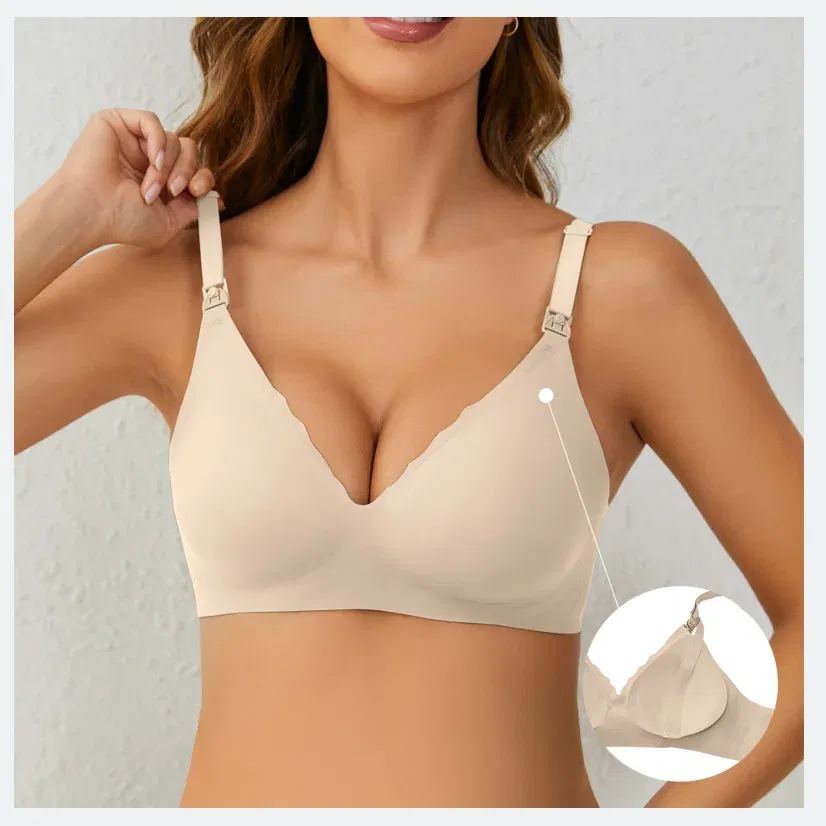 Color: Beige, Bands Size: 34 - Front Open Nursing Bra Maternity Jelly Gel Laser Cutting Seamless Underwear Ultra Thin Breastfeeding Bra For Pregnant Women