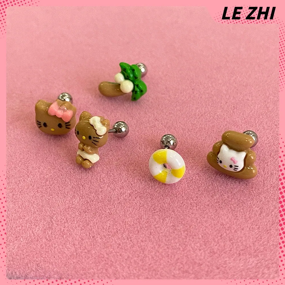 Color: Light Grey, Size: L - Hawaii HelloKitty Cute Ear Stud Coconut Palm Earrings Anime Accessories Maiden Heart Girls Birthday Present Fashion Jewelry Gift