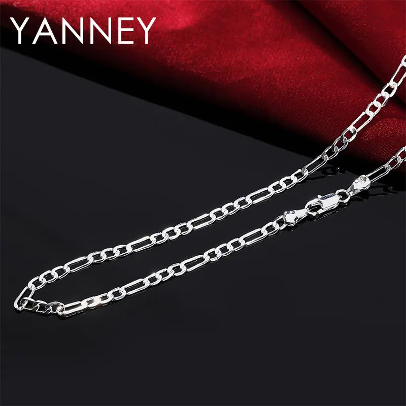 Gem Color: Green, Length: 50cm - 925 Sterling Silver 4MM 16-30 Inches Figaro Chain Bracelet Necklace For Man Woman Fashion Couple Christmas Gift Jewelry Set 2pcs