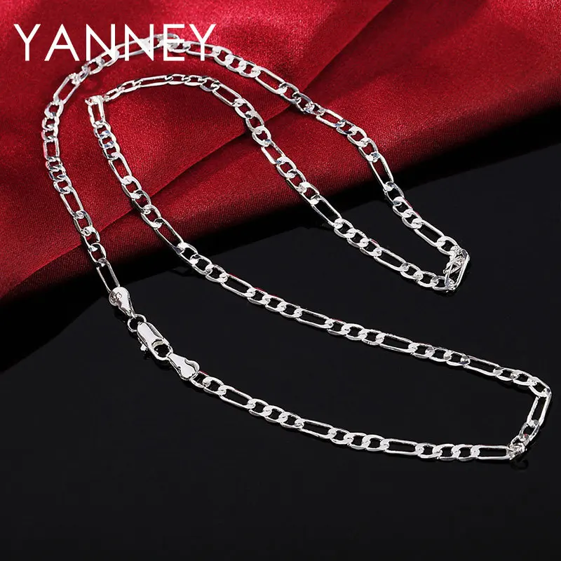 Gem Color: Green, Length: 50cm - 925 Sterling Silver 4MM 16-30 Inches Figaro Chain Bracelet Necklace For Man Woman Fashion Couple Christmas Gift Jewelry Set 2pcs