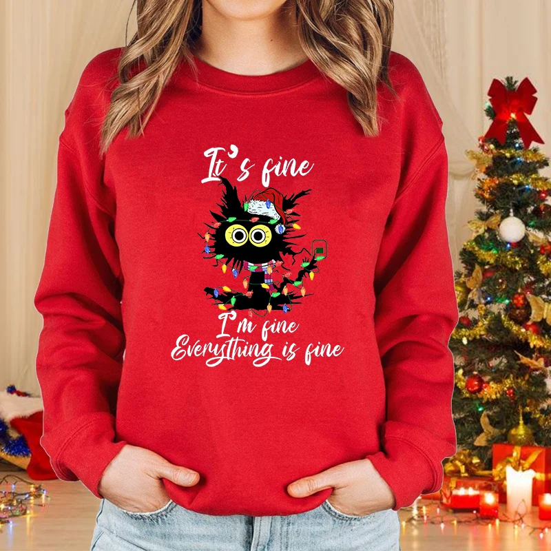 Color: Dark Brown, Size: S - New fashion women's Christmas cat sweater long-sleeved round neck pullover sweater fall and winter Christmas women's tops