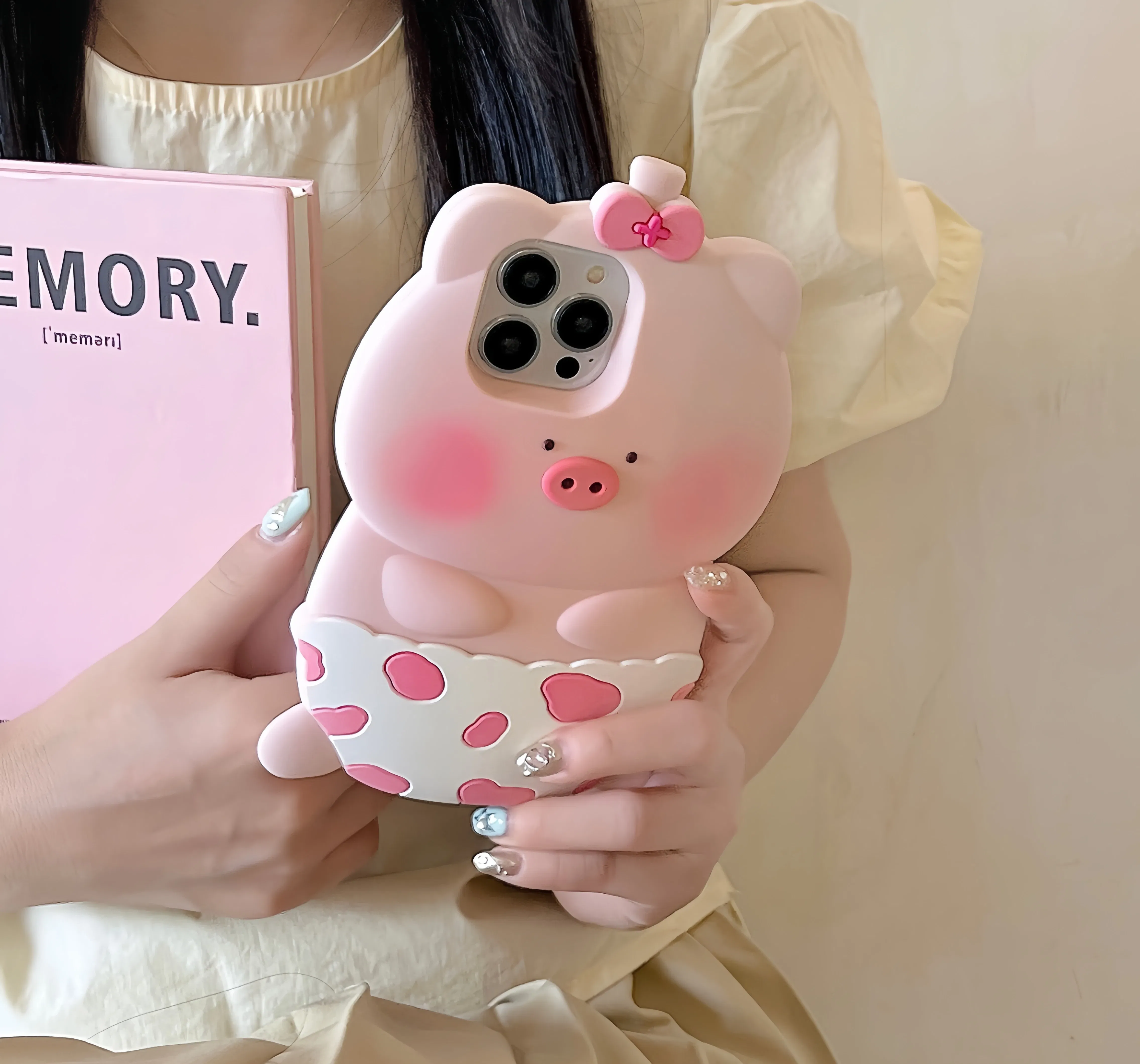 Color: Pink, Material: PU - 3D Cute Cartoon Pink Pig Funny Phone Case for IPhone 15 14 13 12 11 Pro Max Piggy Soft Rubber Silicone Protective Cover Shell