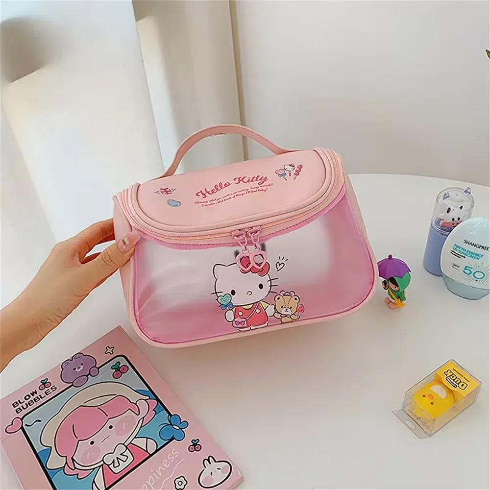 Color: Orange - Sanrio Kawaii Hello Kitty Zipper Makeup Bag Black Beauty Cinnamon Roll Large Capacity Waterproof portable Millennium Girls Wash
