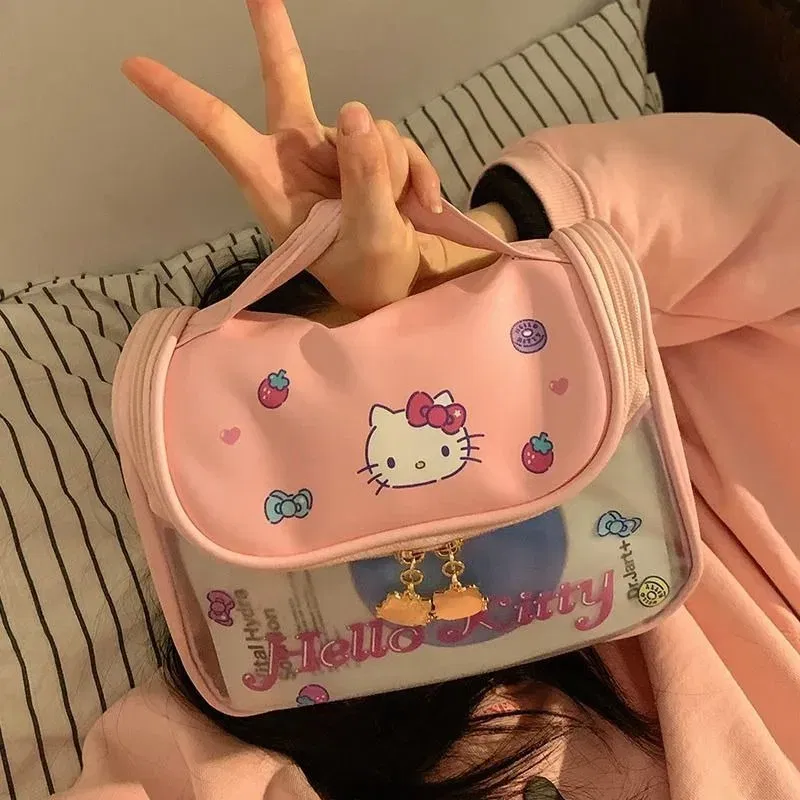Color: Orange - Sanrio Kawaii Hello Kitty Zipper Makeup Bag Black Beauty Cinnamon Roll Large Capacity Waterproof portable Millennium Girls Wash