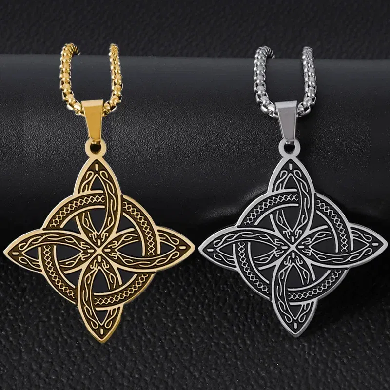 Metal Color: Titanium Plated - Stainless Steel Silver Color Pattern Witch Knot Pendant Necklace Celtic Knot Lucky Jewelry Gift for Friends Family