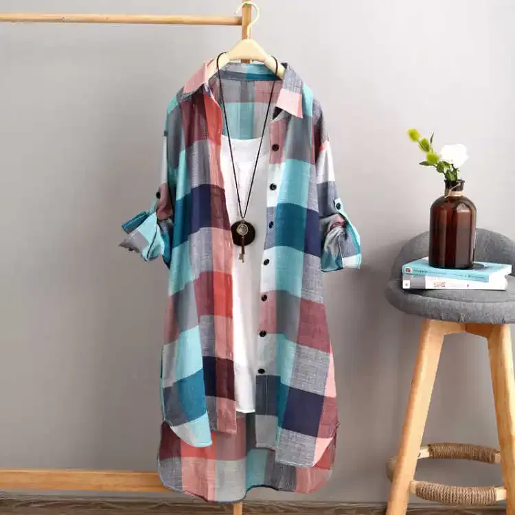 Color: MULTI, Size: L - Women's Plaid Cotton Shirt Chic Women Blouse Elegant and Youth Women's Blouses New In External Clothes Korean Style
