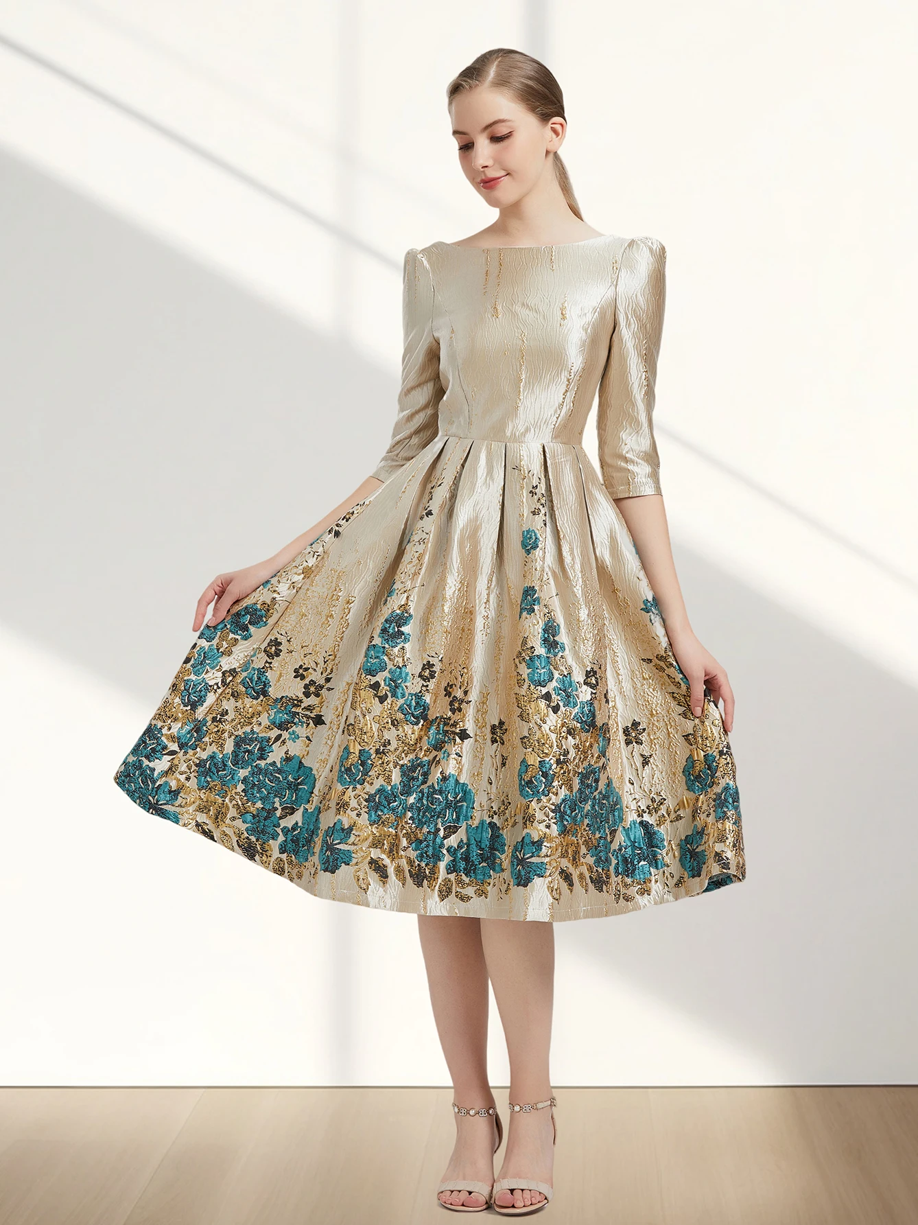 Color: Beige, Size: L - Women Luxury Floral Jacquard Dress 2024 New Fashion Sleeve Party Long Brocade Elegant Casual Girls Evening Clothing