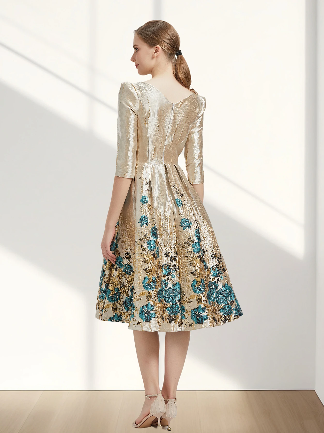 Color: Beige, Size: L - Women Luxury Floral Jacquard Dress 2024 New Fashion Sleeve Party Long Brocade Elegant Casual Girls Evening Clothing