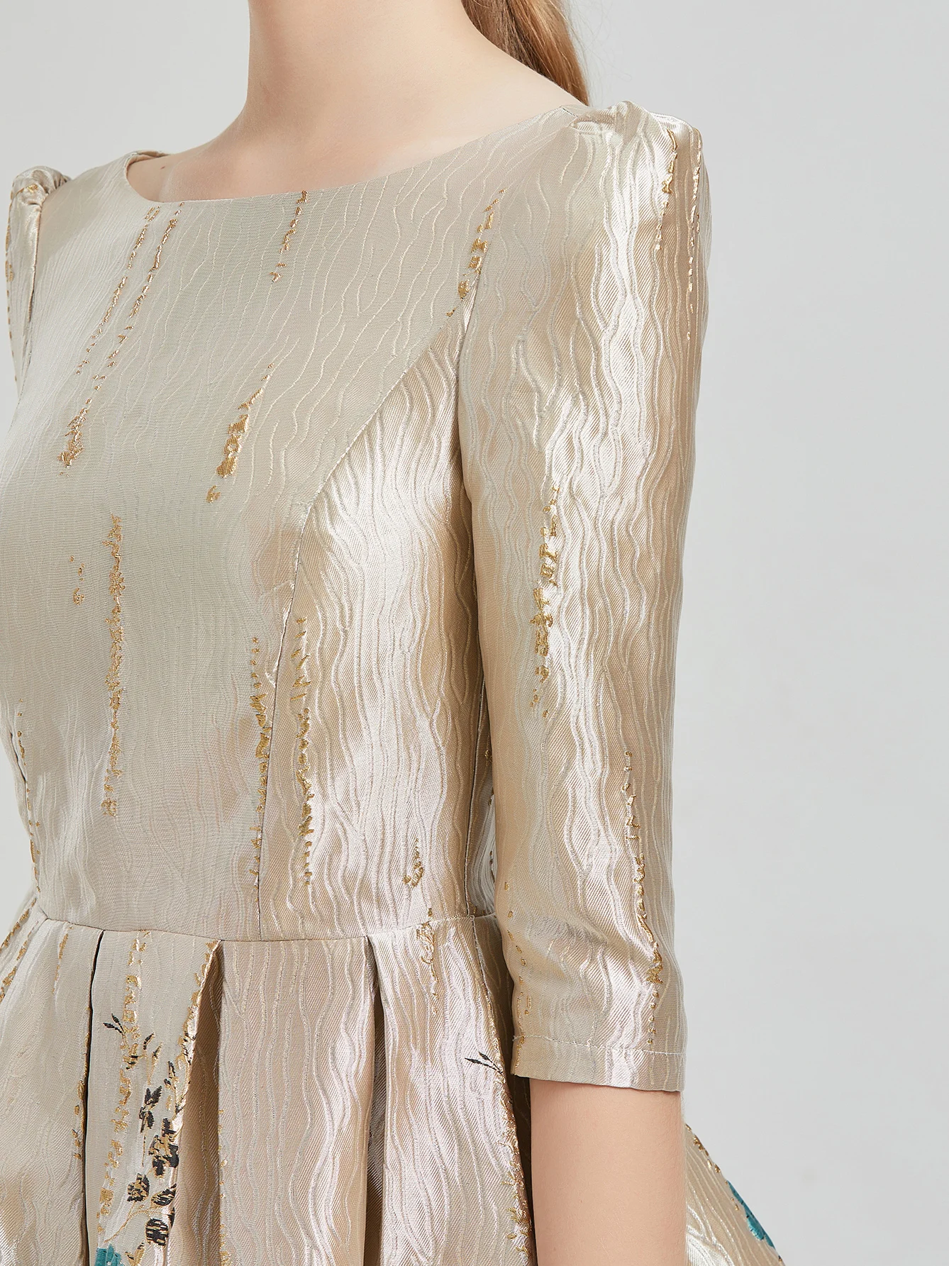 Color: Beige, Size: L - Women Luxury Floral Jacquard Dress 2024 New Fashion Sleeve Party Long Brocade Elegant Casual Girls Evening Clothing