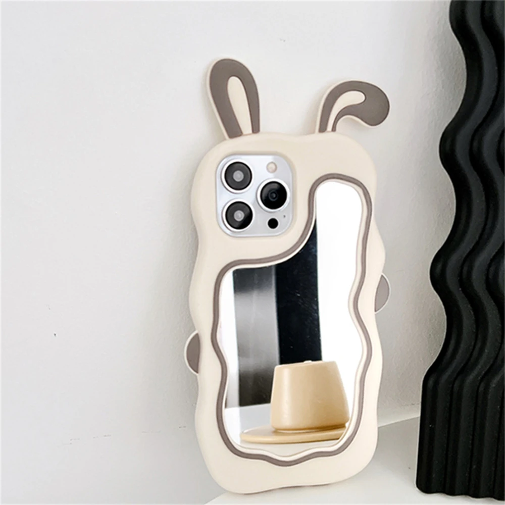 Color: Beige, Material: CANVAS - Cute Bunny Ears Mirror Phone Case For iPhone 15 14 Plus 13 12 11 Pro Max Shockproof Silicone Case