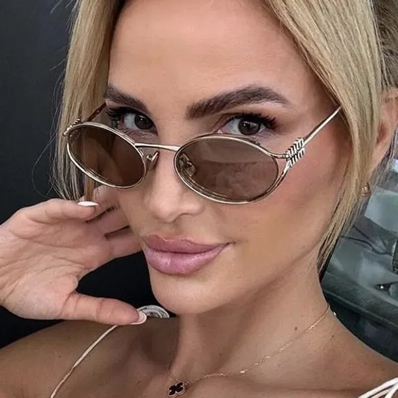 Lenses Color: Red - Luxury Brand Designer Oval Sunglasses For Women Sexy Metal Frame Small Round Sun Glasses Ladies Stylish Eyewear Shades UV400