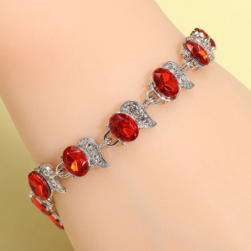 Metal Color: Rust Red - Fashion Exquisite Color Crystal Inlaid Ladies Charm Bracelet Engagement Wedding Jewelry