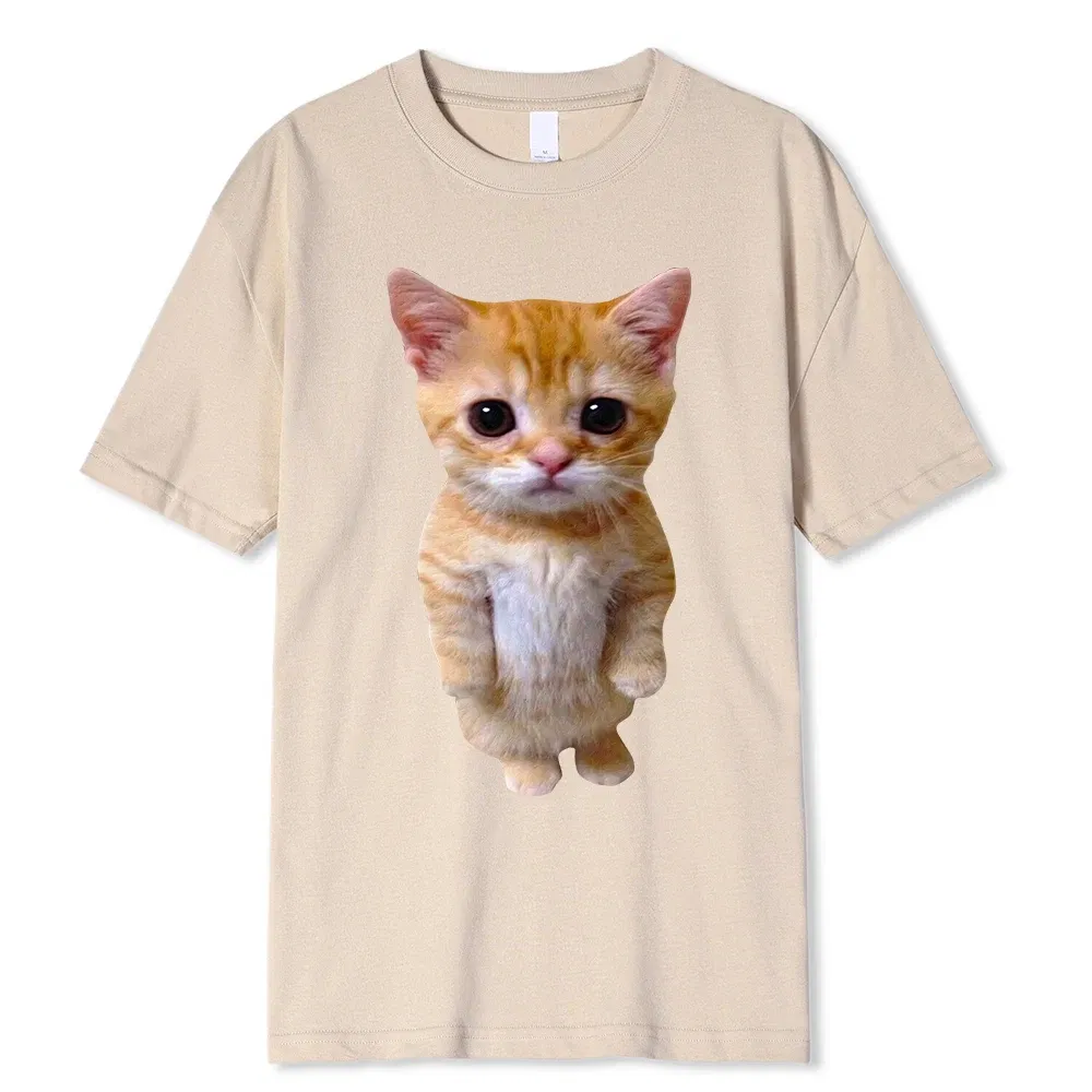 Color: Beige, Size: L - El Gato Meme Sad Crying Cat Munchkin Kitty Meme Trendy Graphic T-shirt Unisex Fashion Short Sleeve T-shirts Oversized Streetwear