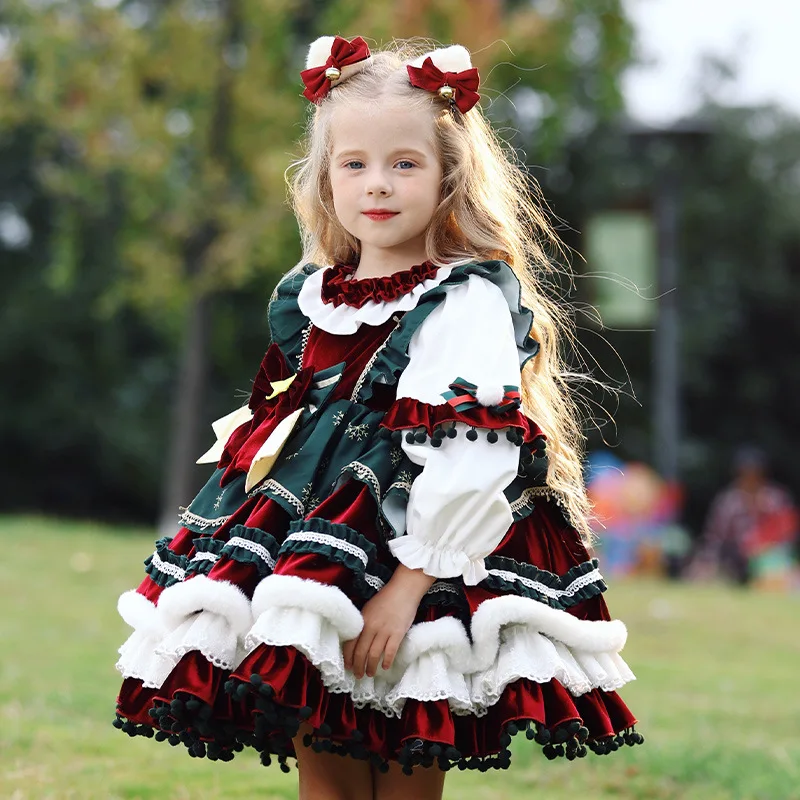 Color: Brown, Kid Size: 3M - New Autumn Winter High-End Baby Girls Velvet Lolita Princess Ball Gown Children Cute Bow Design Birthday Party Dress y1058