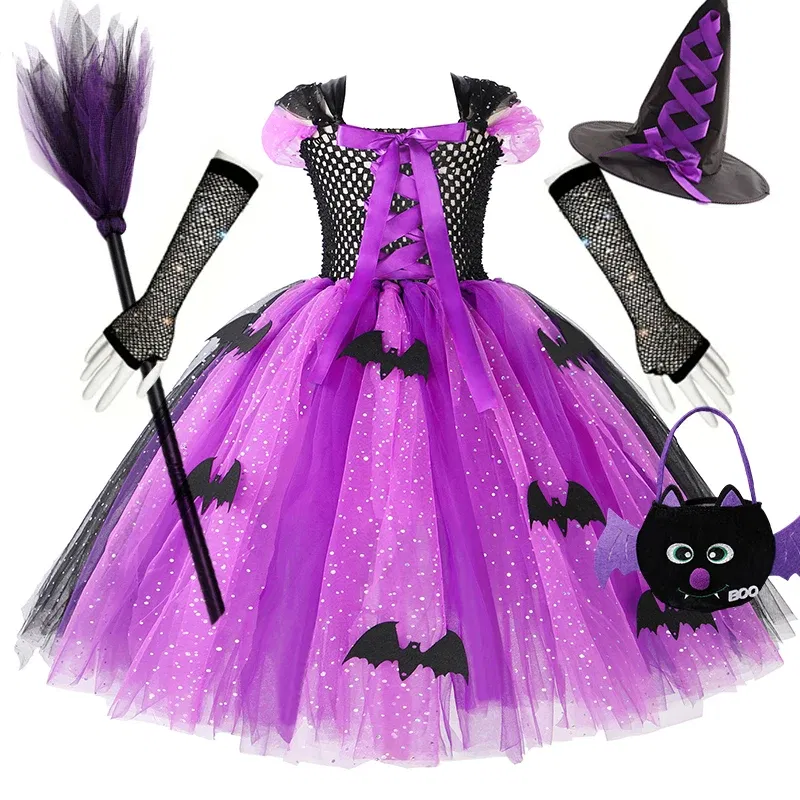 Color: Blue, Kid Size: 11 - Halloween Witch Tutu Dress for Girls Handmade Mesh Bat Wizard Cosplay Costumes with Hat Broom Toddler Evil Party Clothes Set
