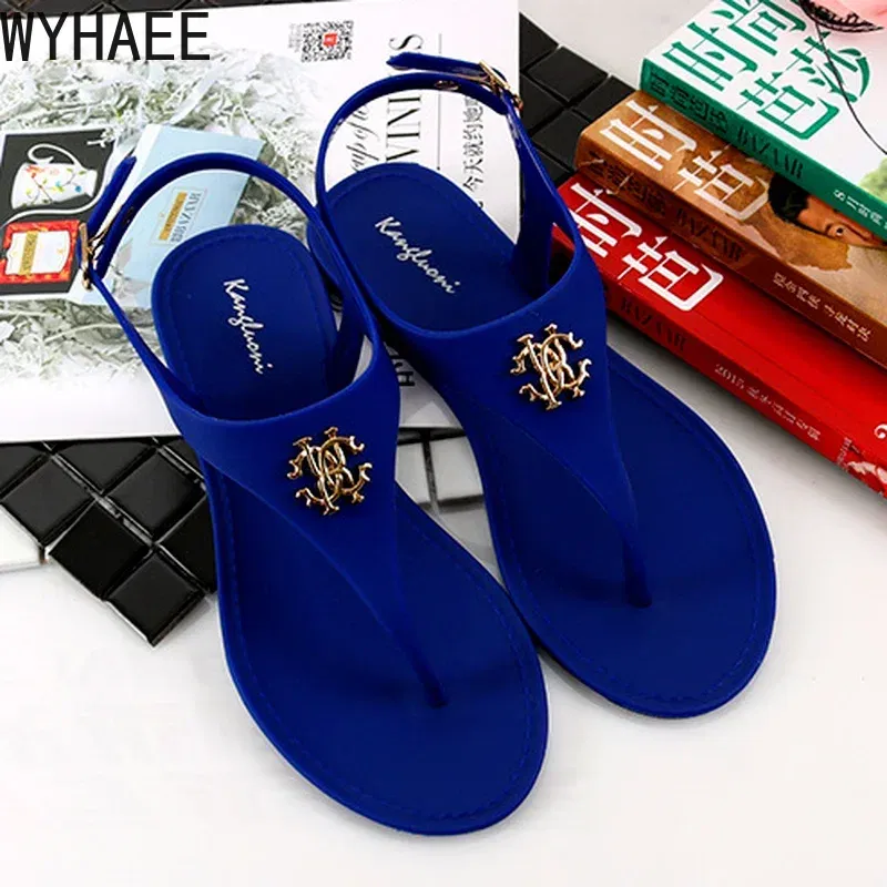 Color: Blue, Shoe Size: 40 - 2023 New Summer Women's Sandals Fashion Open Toe Jelly Flip Flops Non-slip Buckle Flat Sandals All-match Women's Sandals