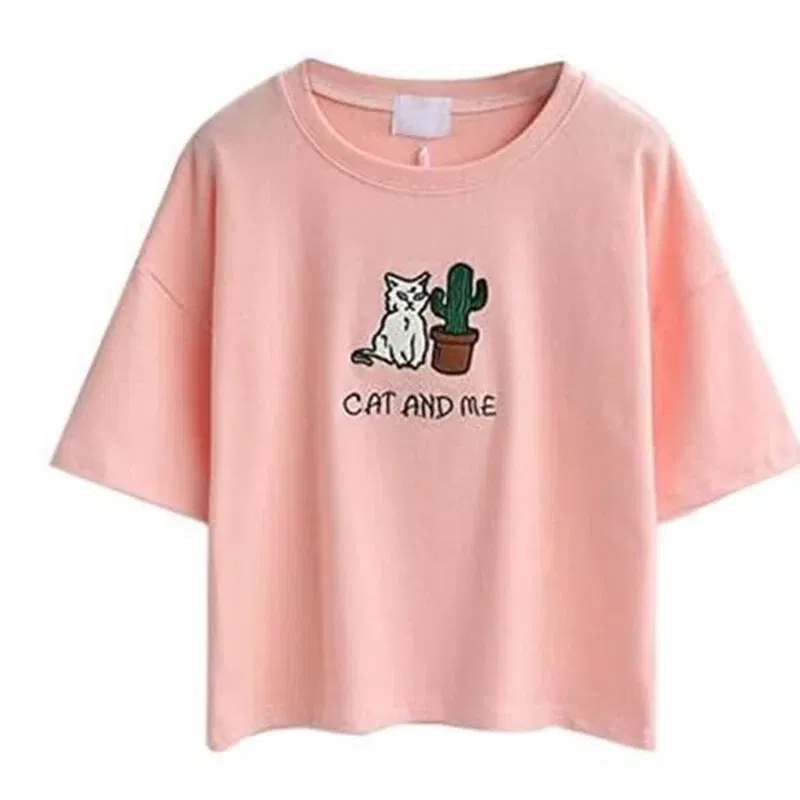 Color: Pink, Size: L, Ships From: CHINA - 2021 Summer Cotton Short Sleeved Crop Top T-shirt Femme Embroidered Cat T Shirts Cartoon Women Fashion Cactus Top Tee T Shirt