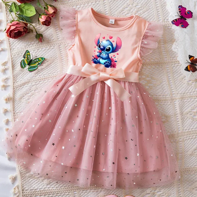 Color: army green, Kid Size: 5 - Lilo Stitch Girls Sequin Tutu Dress with Bow Flutter Sleeves Summer Princess Party Outfit for Toddler Kids 2-6 Years