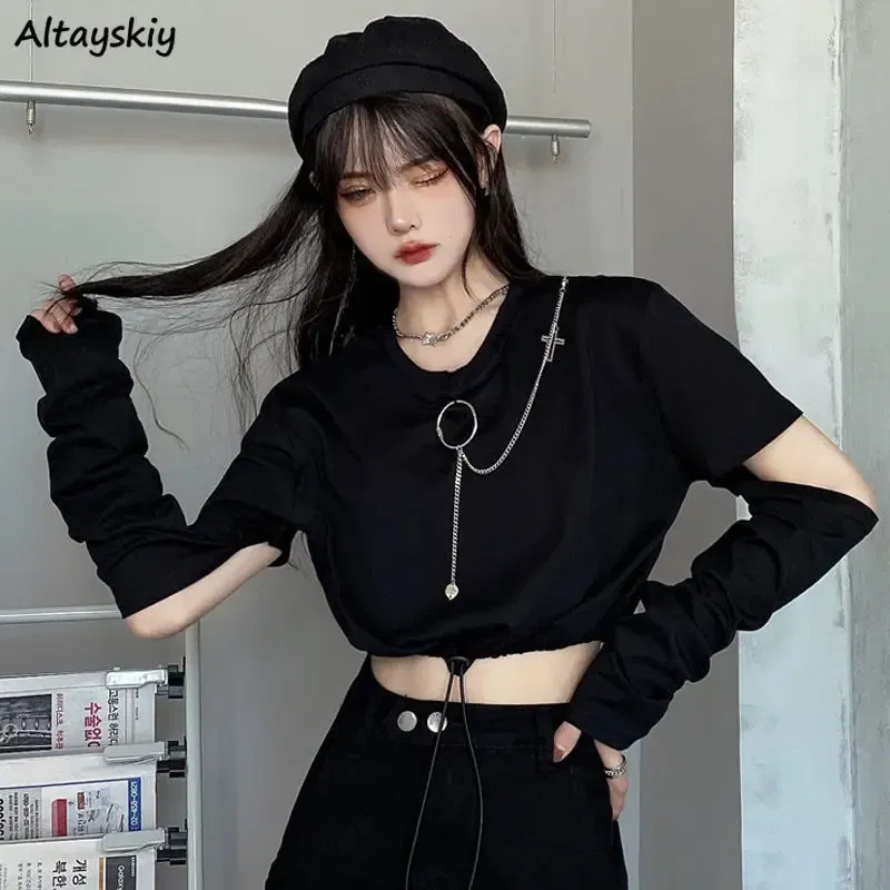 Color: WHITE, Size: M - Solid T-shirts Women Removable Sleeve Sequined Chain Japanese Style Harajuku Trendy Goth Y2k Female Crop Top Hot Sale Popular
