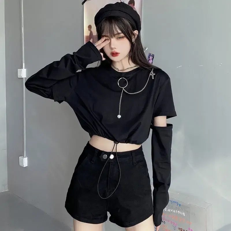 Color: WHITE, Size: M - Solid T-shirts Women Removable Sleeve Sequined Chain Japanese Style Harajuku Trendy Goth Y2k Female Crop Top Hot Sale Popular