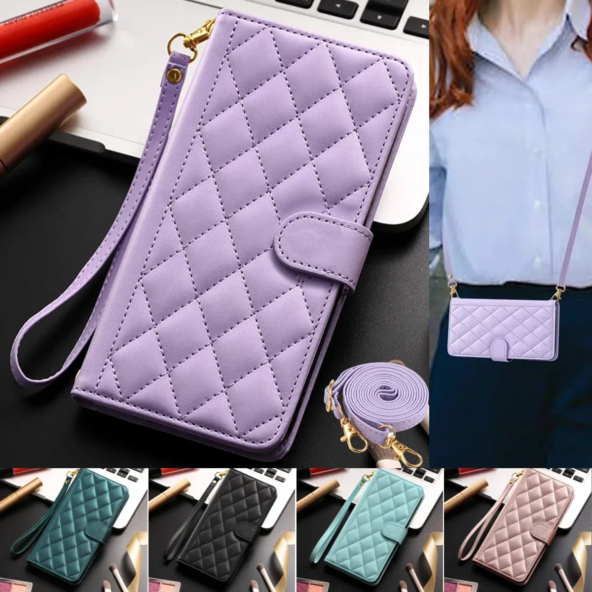Material: PU, Color: Red - Long lanyard Flip Leather Phone Case for Samsung Galaxy S24 Ultra S23 FE S22 S21 S20 S10 Plus Wallet Card Cover Coque