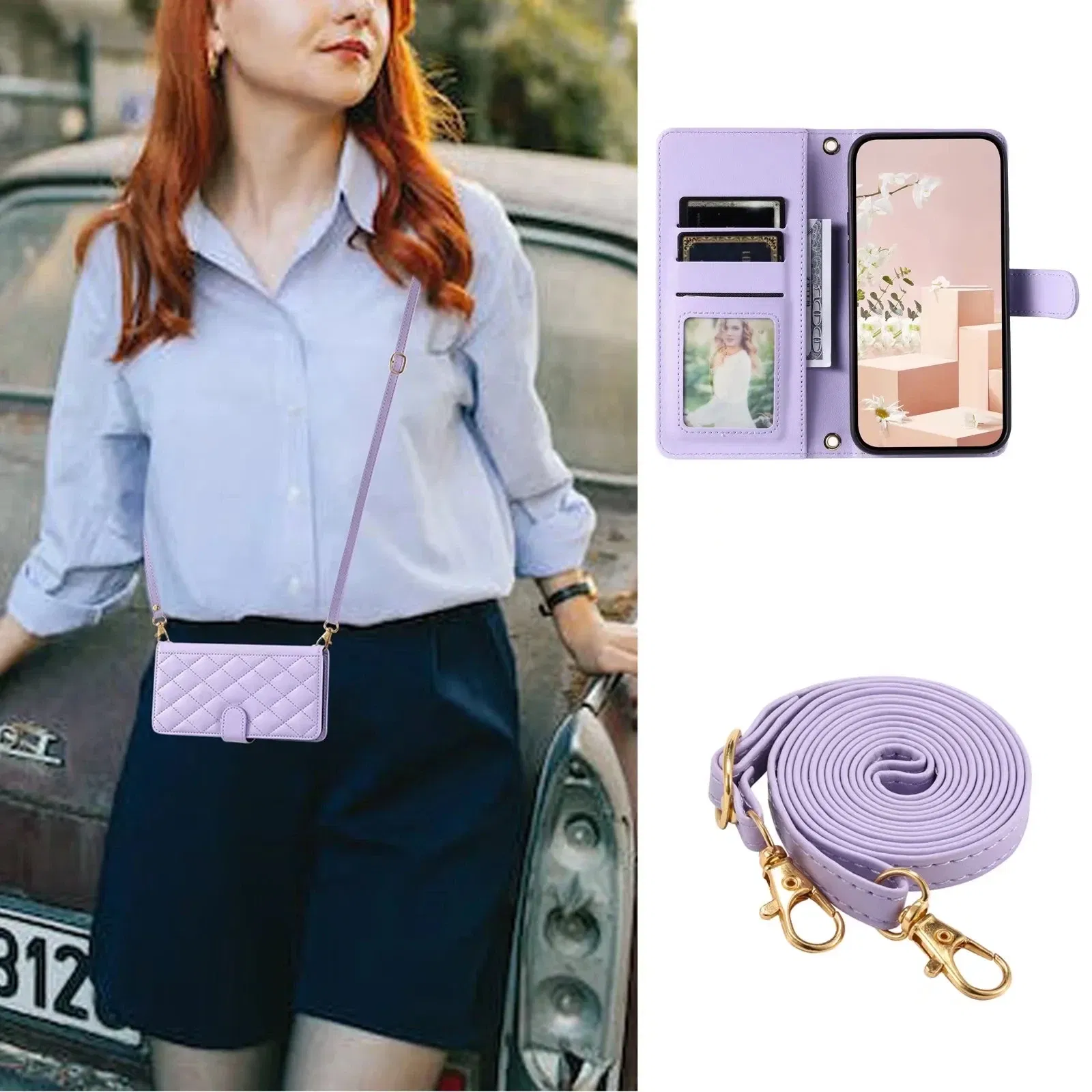 Material: PU, Color: Red - Long lanyard Flip Leather Phone Case for Samsung Galaxy S24 Ultra S23 FE S22 S21 S20 S10 Plus Wallet Card Cover Coque