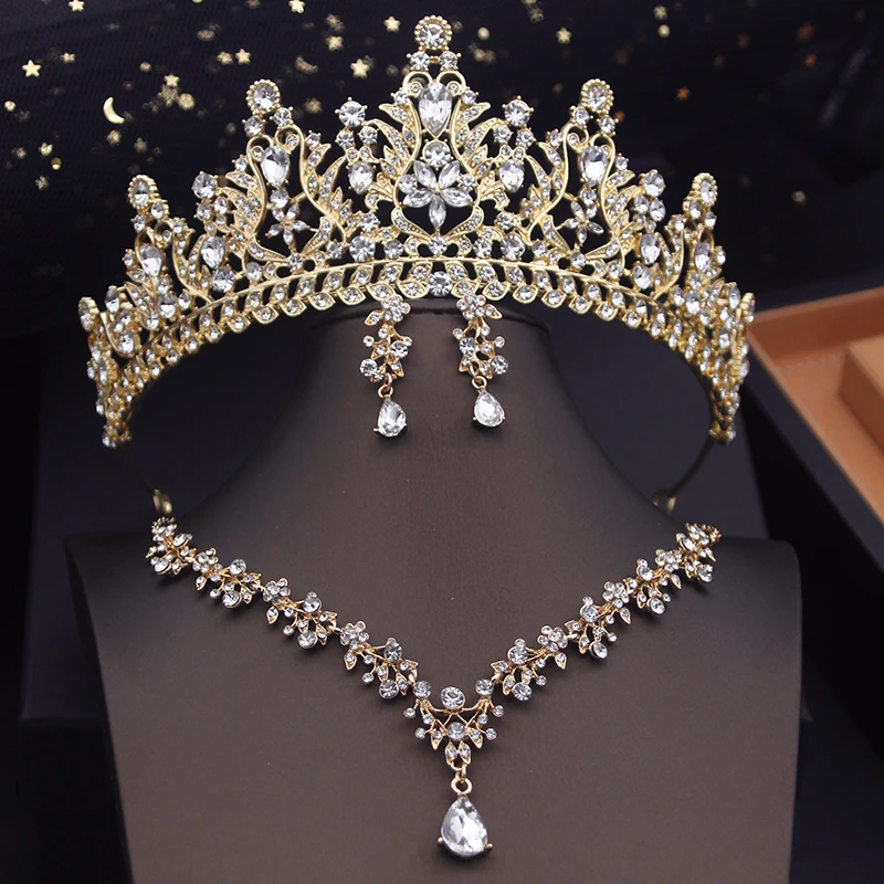 Metal color: champagne gold - Royal Queen Tiaras Bridal Jewelry Sets Evening Crown Choker Necklace Sets Wedding Dress Jewelry Prom Costume Accessory Bride