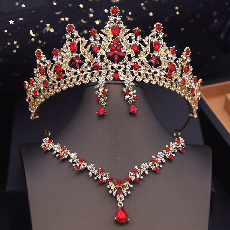 Metal color: champagne gold - Royal Queen Tiaras Bridal Jewelry Sets Evening Crown Choker Necklace Sets Wedding Dress Jewelry Prom Costume Accessory Bride