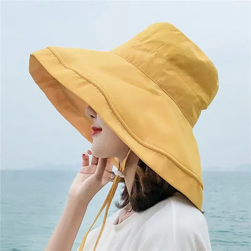 Color: Yellow, Size: One Size - 2023 Women's Hat Bucket hat Panamanian Women  Four Seasons Fisherman Hat Big Brim Hat Double-Sided Fisherman Hat Sun Visor Cap