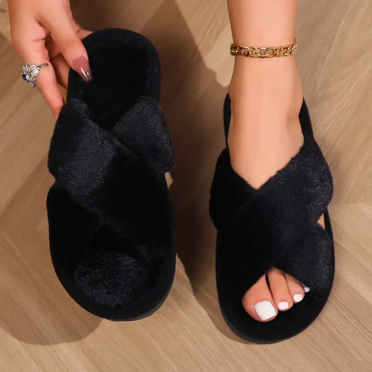 Color: black, Shoe Size: 38 - Cross opening spring and autumn home anti slip flat bottomed couple style fashionable and simple open toed hairy slippers