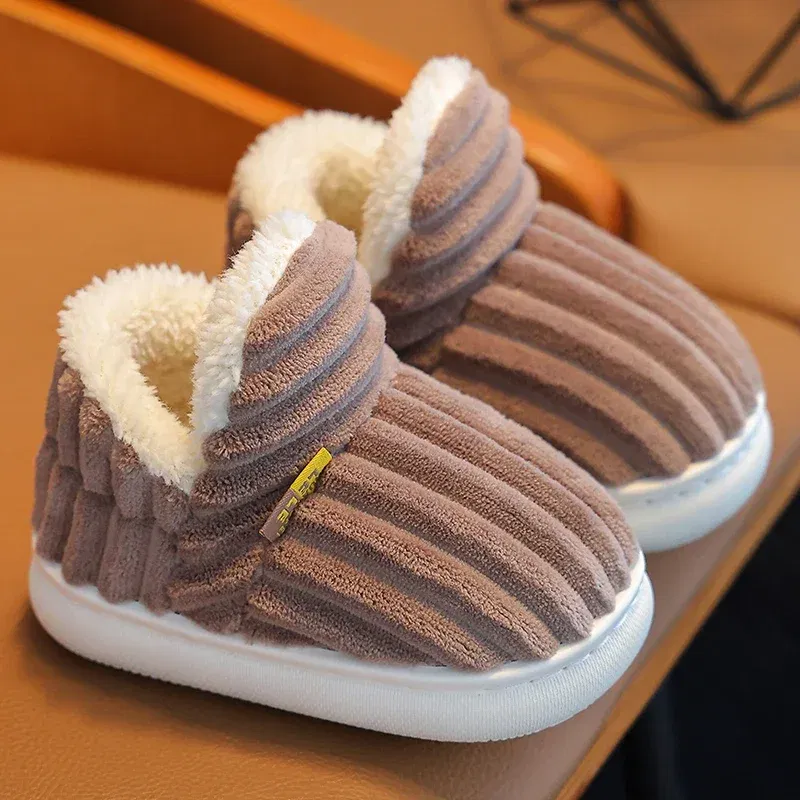 Color: Chocolate, Shoe Size: 2.5 - New Winter Concise Stripe Plush Slippers Children's Non-slip Soft Sole Kids Boys Girls Heel Wrap Warm High Home Cotton Shoes